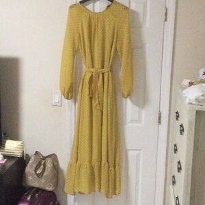 Long Sleeve Mustard Yellow Maxi Dress with Waist Tie